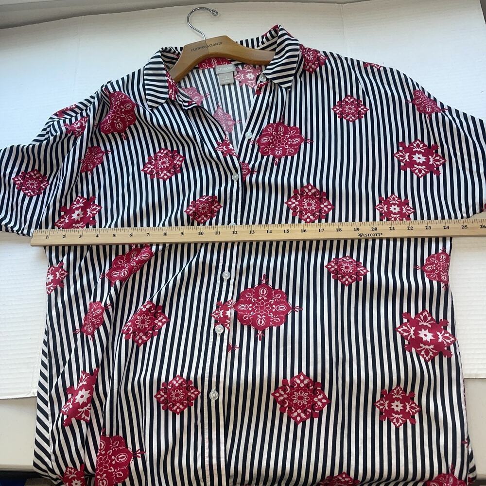 Chicos Sz 3 XL Black White Stripe Button Up Shirt Tunic Blouse Classic Rose Red - Picture 7 of 11